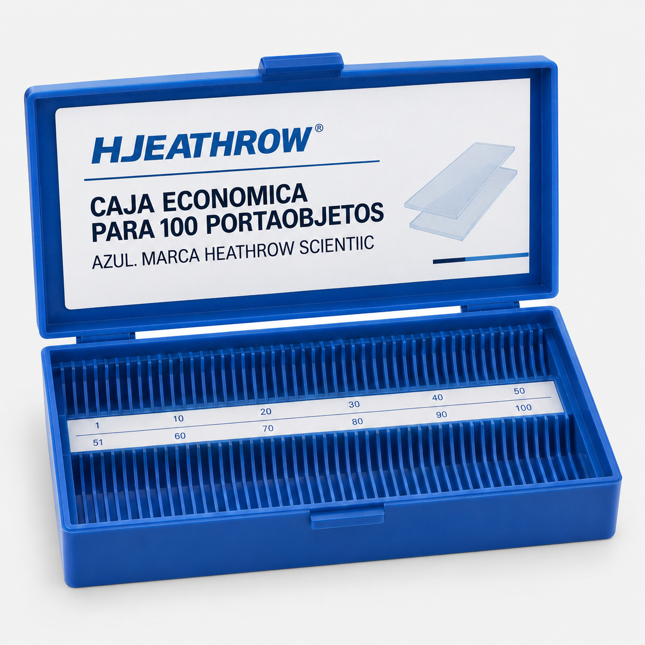 Caja económica azul para 100 portaobjetos