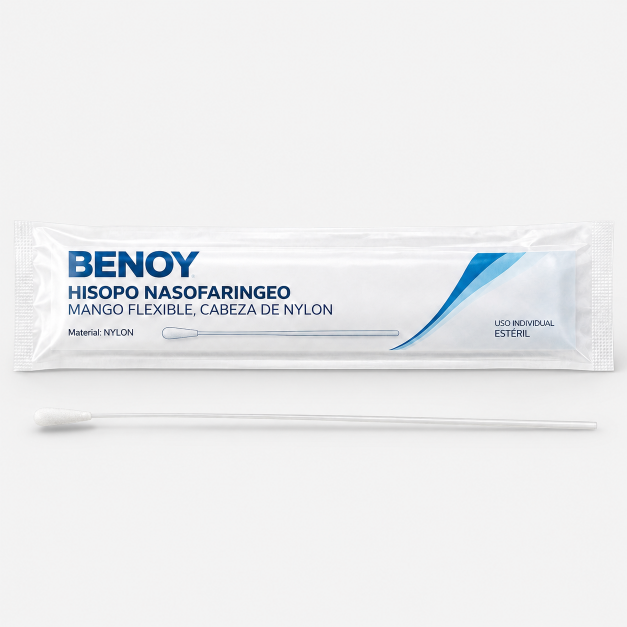 Hisopo nasofaríngeo, mango flexible, cabeza de nylon
